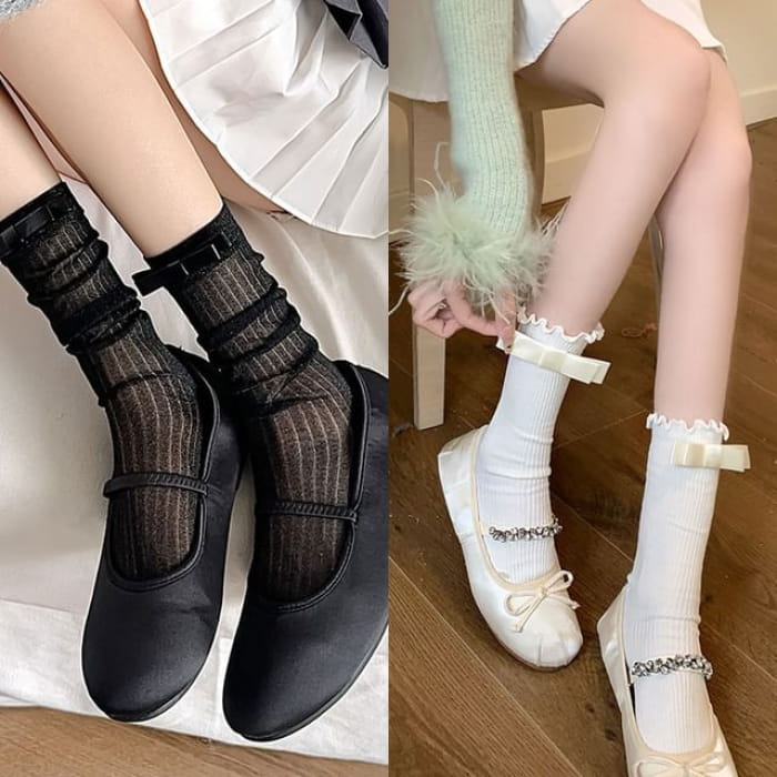 Bow Mid Calf Socks / Set - 2 Pairs - Black & Milky White