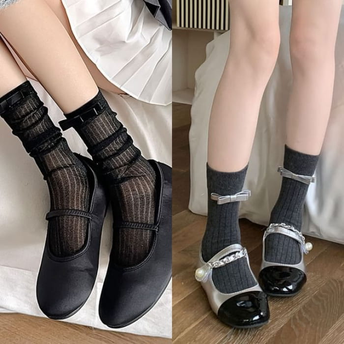 Bow Mid Calf Socks / Set - 2 Pairs - Black & Silver Dark