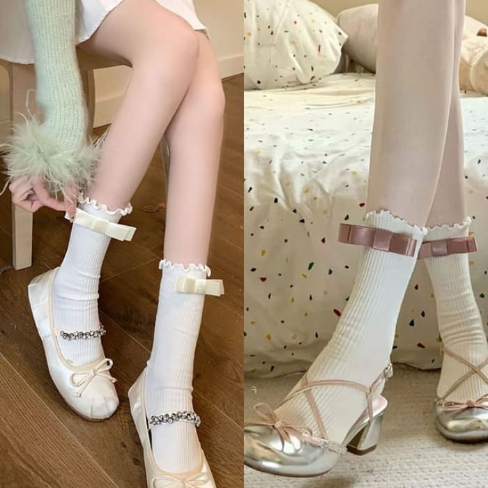 Bow Mid Calf Socks / Set - 2 Pairs - Milky White & Pink