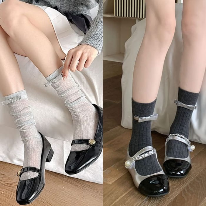 Bow Mid Calf Socks / Set - 2 Pairs - Silver & Dark Gray