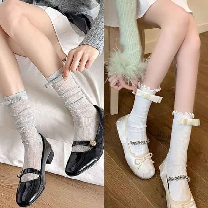 Bow Mid Calf Socks / Set - 2 Pairs - Silver & Milky White