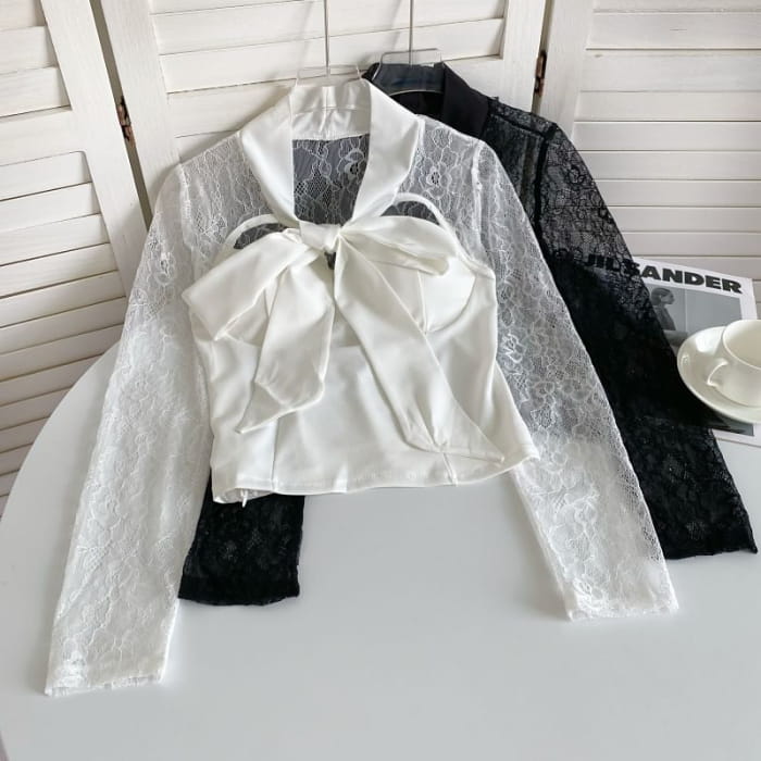 Bow Neck Lace Panel Blouse