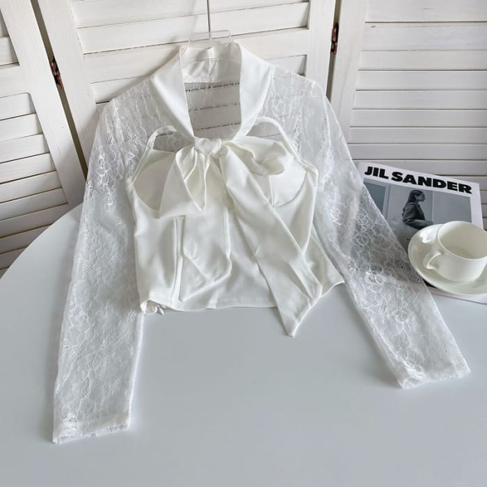 Bow Neck Lace Panel Blouse