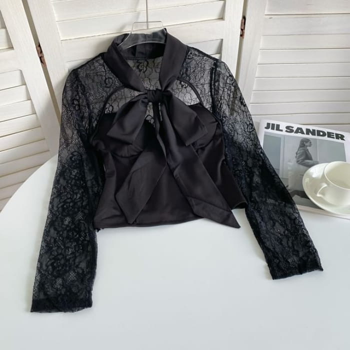 Bow Neck Lace Panel Blouse - Black / One Size