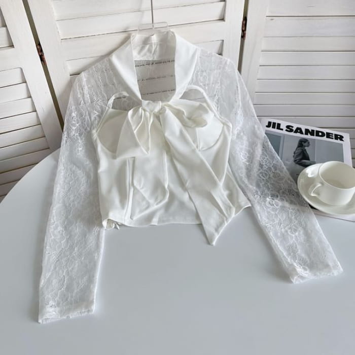 Bow Neck Lace Panel Blouse - White / One Size