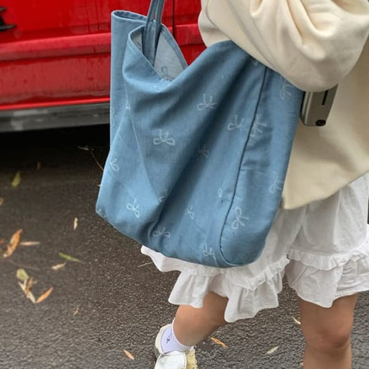 Bow Patterned Denim Tote Bag - Grayish Blue / One Size