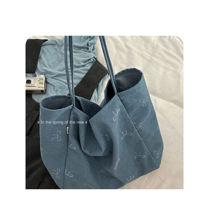 Bow Patterned Denim Tote Bag - Grayish Blue / One Size