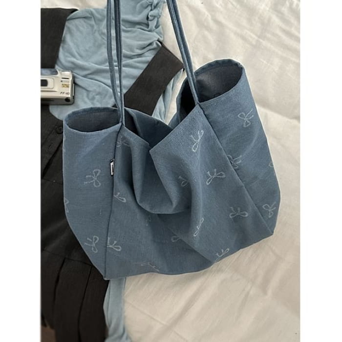 Bow Patterned Denim Tote Bag - Grayish Blue / One Size