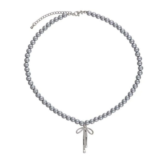 Bow Pendant Pearl Necklace - Standart / Silver