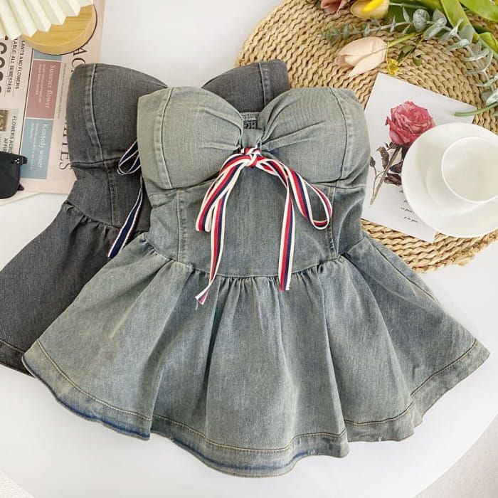 Bow Peplum Washed Denim Tube Top