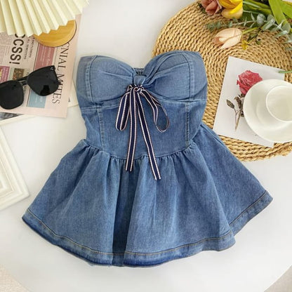 Bow Peplum Washed Denim Tube Top - Blue / One Size