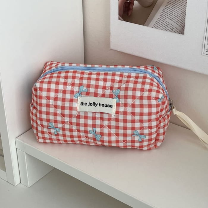 Bow Plaid Fabric Makeup Bag / Clutch / Pencil Case