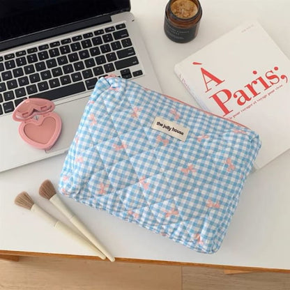 Bow Plaid Fabric Makeup Bag / Clutch / Pencil Case - Blue