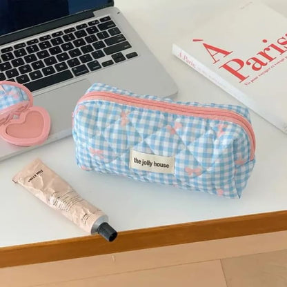 Bow Plaid Fabric Makeup Bag / Clutch / Pencil Case - Blue