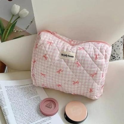 Bow Plaid Fabric Makeup Bag / Clutch / Pencil Case - Pink