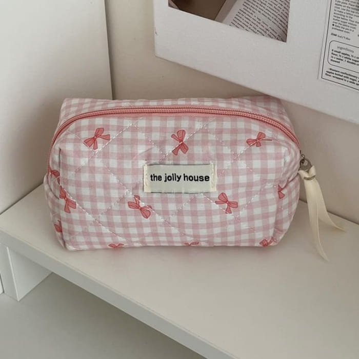 Bow Plaid Fabric Makeup Bag / Clutch / Pencil Case - Pink