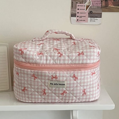 Bow Plaid Fabric Makeup Bag / Clutch / Pencil Case - Pink