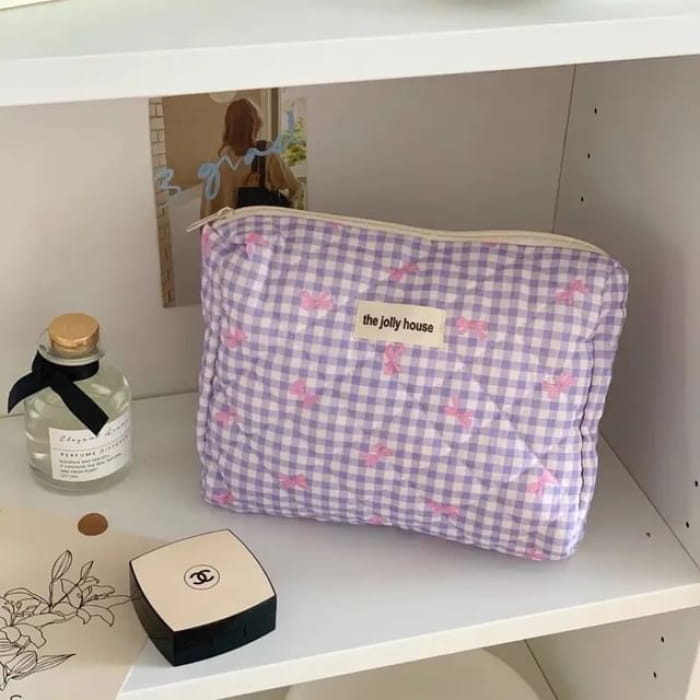 Bow Plaid Fabric Makeup Bag / Clutch / Pencil Case - Purple