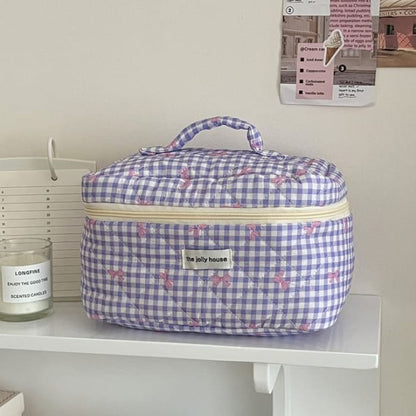 Bow Plaid Fabric Makeup Bag / Clutch / Pencil Case - Purple