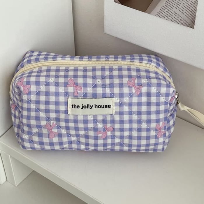 Bow Plaid Fabric Makeup Bag / Clutch / Pencil Case - Purple