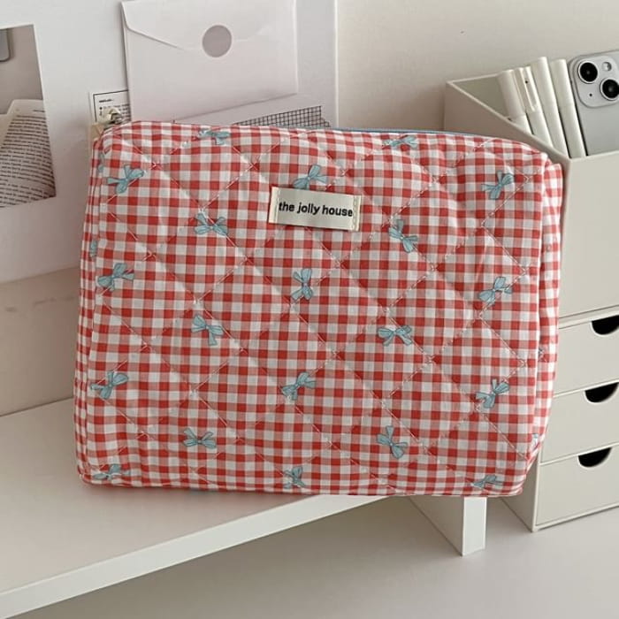 Bow Plaid Fabric Makeup Bag / Clutch / Pencil Case - Red