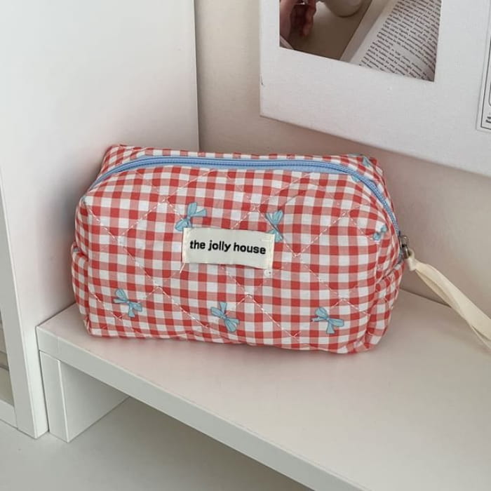 Bow Plaid Fabric Makeup Bag / Clutch / Pencil Case - Red