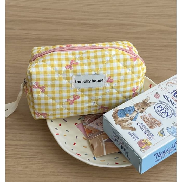 Bow Plaid Fabric Makeup Bag / Clutch / Pencil Case - Yellow