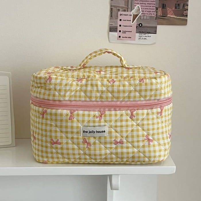 Bow Plaid Fabric Makeup Bag / Clutch / Pencil Case - Yellow