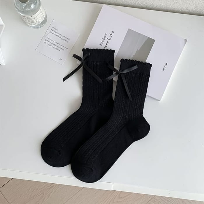 Bow Pointelle Socks - Black / One Size