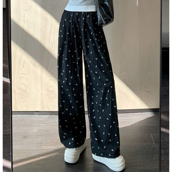 Bow Print High Rise Wide Leg Drape Sweatpants