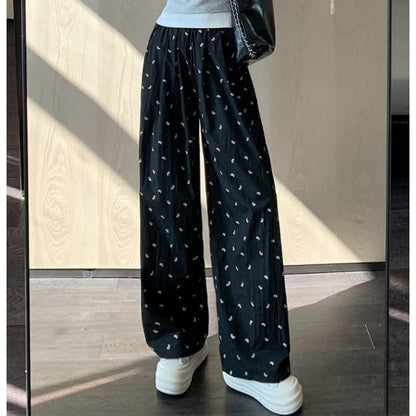 Bow Print High Rise Wide Leg Drape Sweatpants