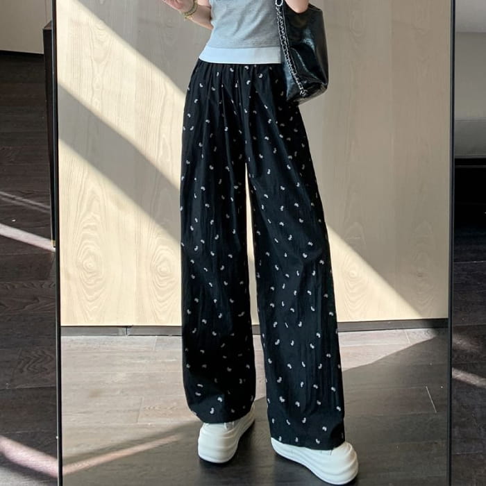 Bow Print High Rise Wide Leg Drape Sweatpants