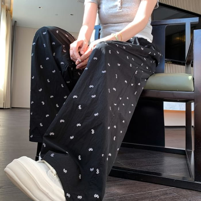 Bow Print High Rise Wide Leg Drape Sweatpants