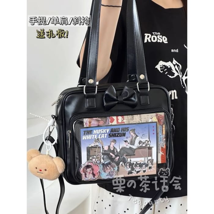 Bow PVC Panel Tote Bag / Charm / Set - Black Shoulder Strap