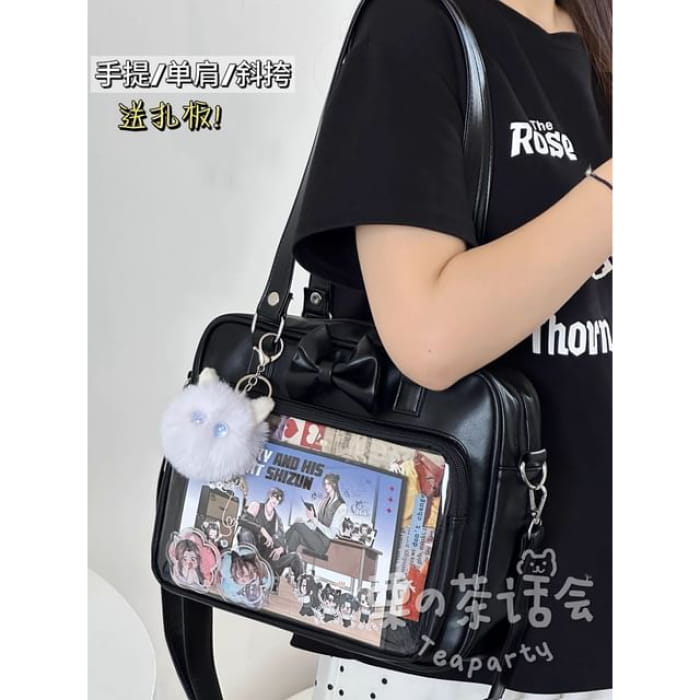 Bow PVC Panel Tote Bag / Charm / Set - Black Shoulder Strap