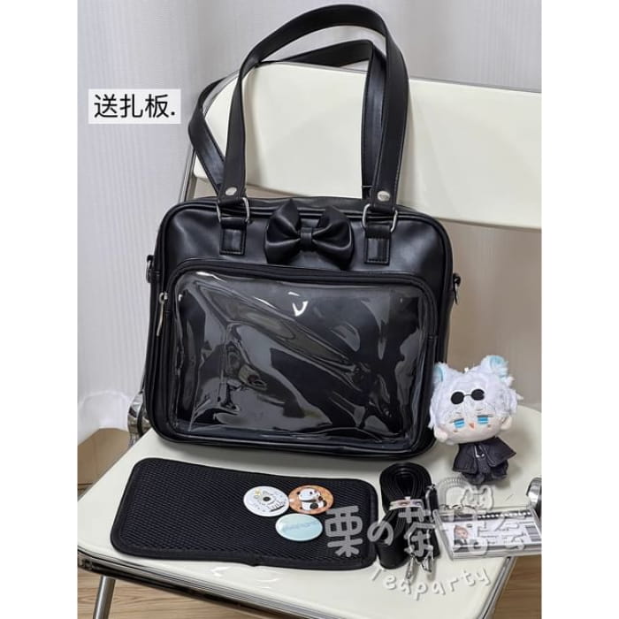 Bow PVC Panel Tote Bag / Charm / Set - Black Shoulder Strap