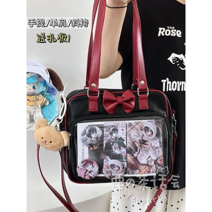 Bow PVC Panel Tote Bag / Charm / Set - Red Shoulder Strap &