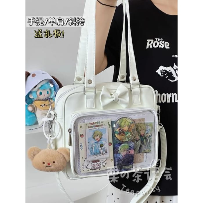 Bow PVC Panel Tote Bag / Charm / Set - White Shoulder Strap