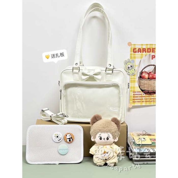 Bow PVC Panel Tote Bag / Charm / Set - White Shoulder Strap