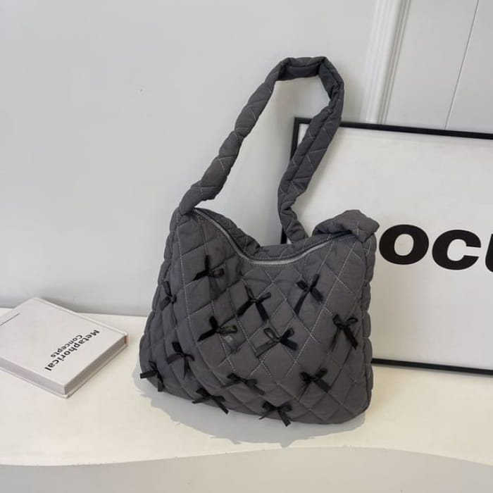 Bow Quilted Tote Bag - Gray / One Size