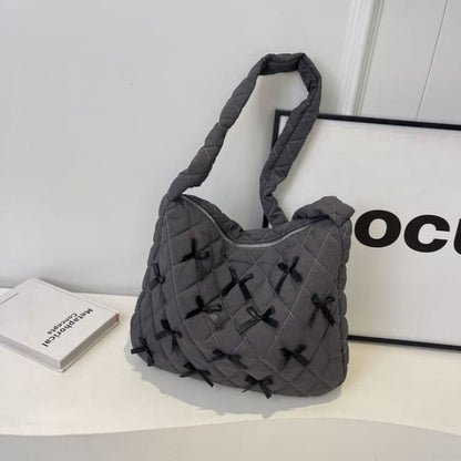 Bow Quilted Tote Bag - Gray / One Size