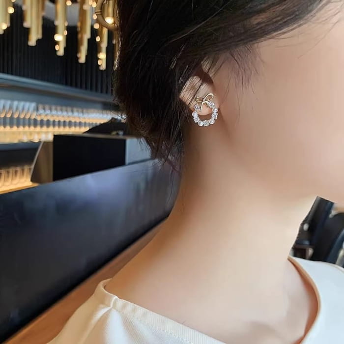 Bow Rhinestone Faux Pearl Stud Earring