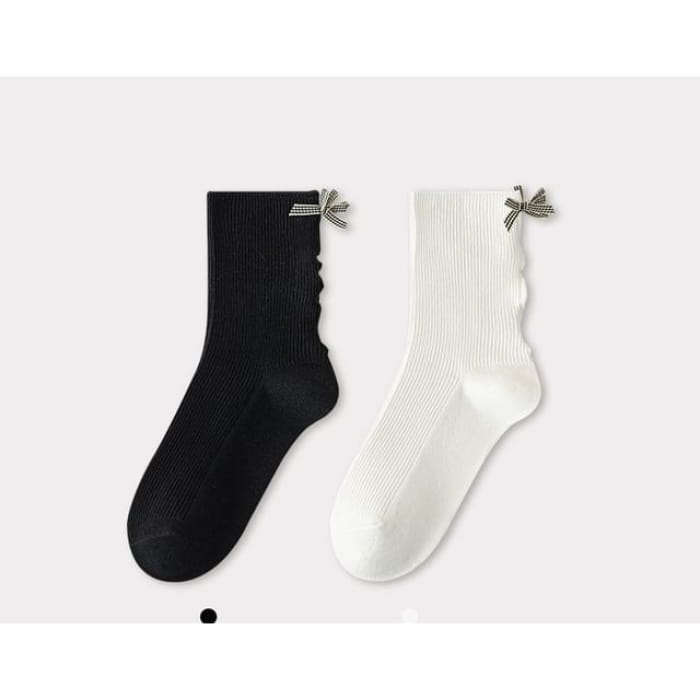 Bow Ribbed Short Socks Set - of 2 Pairs - Black & White