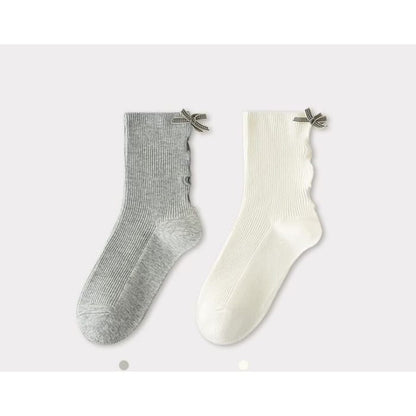 Bow Ribbed Short Socks Set - of 2 Pairs - Gray & Off-White