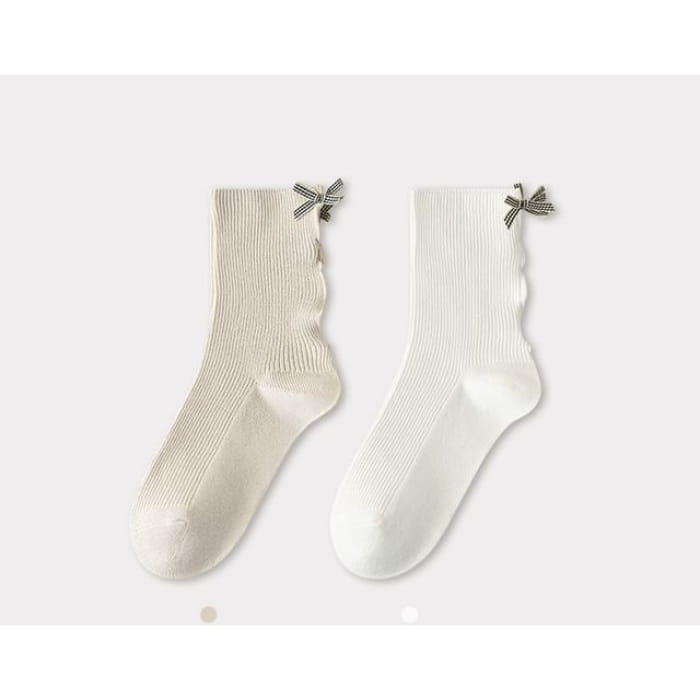 Bow Ribbed Short Socks Set - of 2 Pairs - Khaki & White