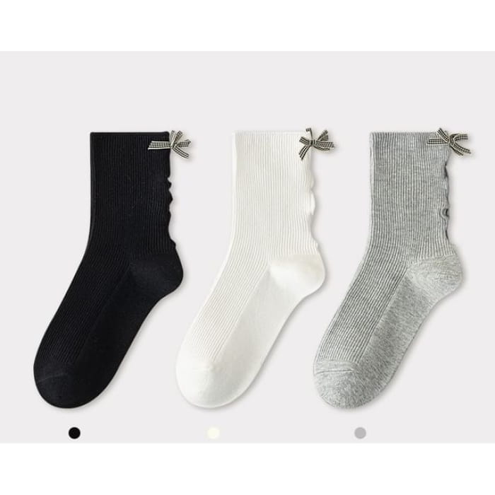 Bow Ribbed Short Socks Set - of 3 Pairs - Black & White