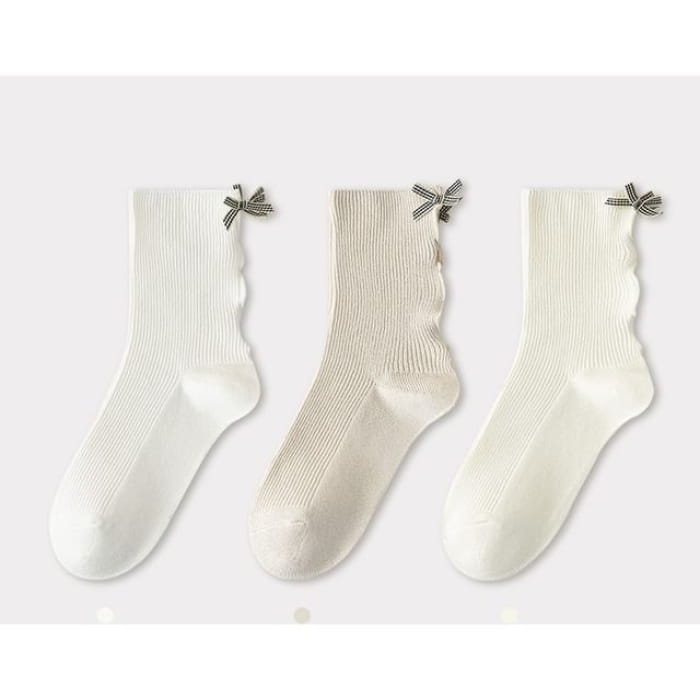 Bow Ribbed Short Socks Set - of 3 Pairs - White & Khaki