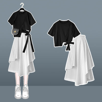 Bow Round Collar Bowknot Crop T-Shirt Irregular Skirt - Set