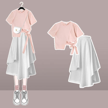 Bow Round Collar Bowknot Crop T-Shirt Irregular Skirt - Set