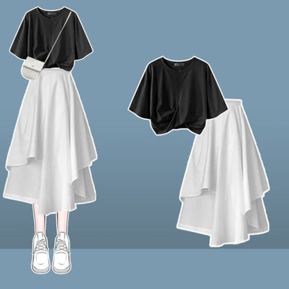 Bow Round Collar Bowknot Crop T-Shirt Irregular Skirt - Set